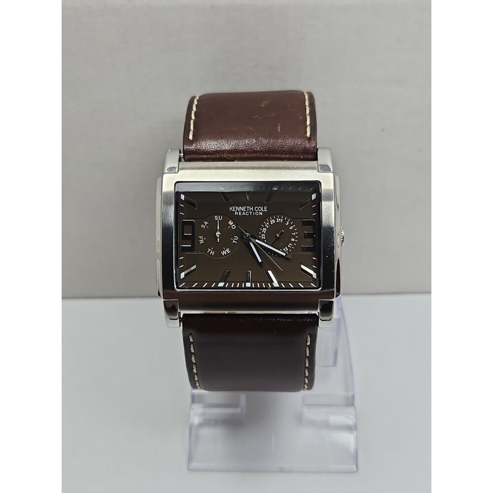 Kenneth Cole Reaction Mens Tank Brown Dial Date Leather Watch New Battery *READ